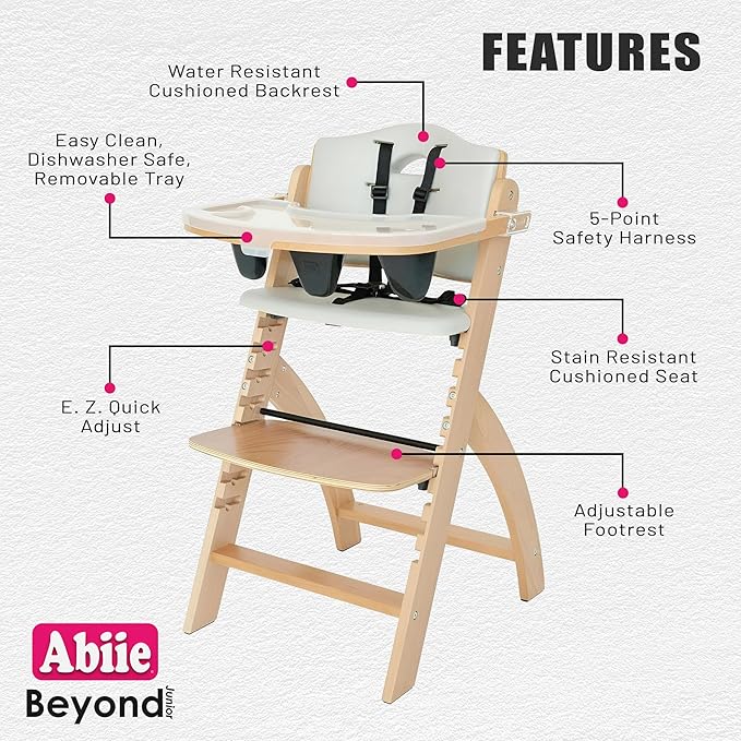 Abiie Beyond Junior Wooden High Chair with Tray - Adjustable and Convertible High Chair for Babies and Toddlers - 6 Months to 250 Lb - Water Resistant - Natural Wood/Dove Grey Cushion-CubbioJoy