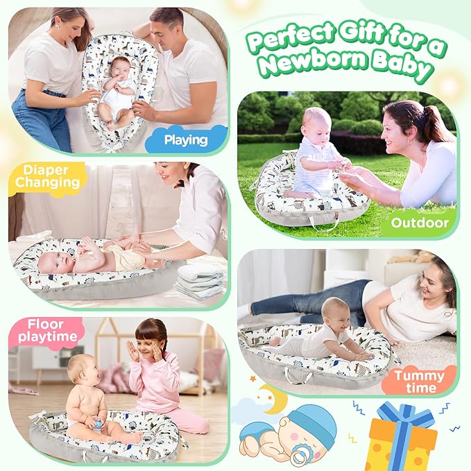 Baby Lounger - Baby Lounger for Newborn 0-24 Months, Breathable and Soft Cotton Cover Baby Nest, Portable Cozy Tummy Time Lounger for Home and Travel, Ideal Baby Essentials & Shower Gifts-CubbioJoy