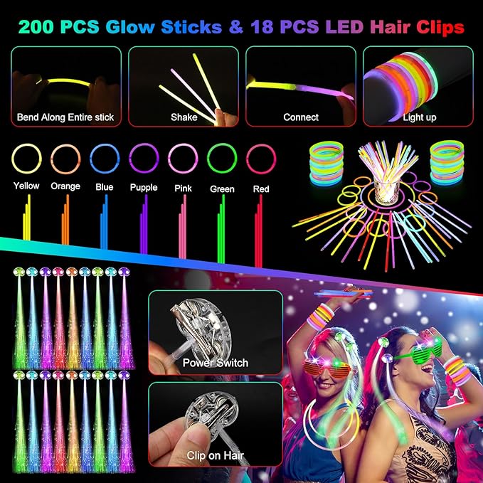 290 PCS Glow in the Dark Party Supplies, 200 Glow Sticks, 24 Fiber Optic Wands, 15 LED Glasses, 33 Finger Lights and 18 LED Hair Clips for Wedding, Birthday, Concert, Raves, New Year-CubbioJoy