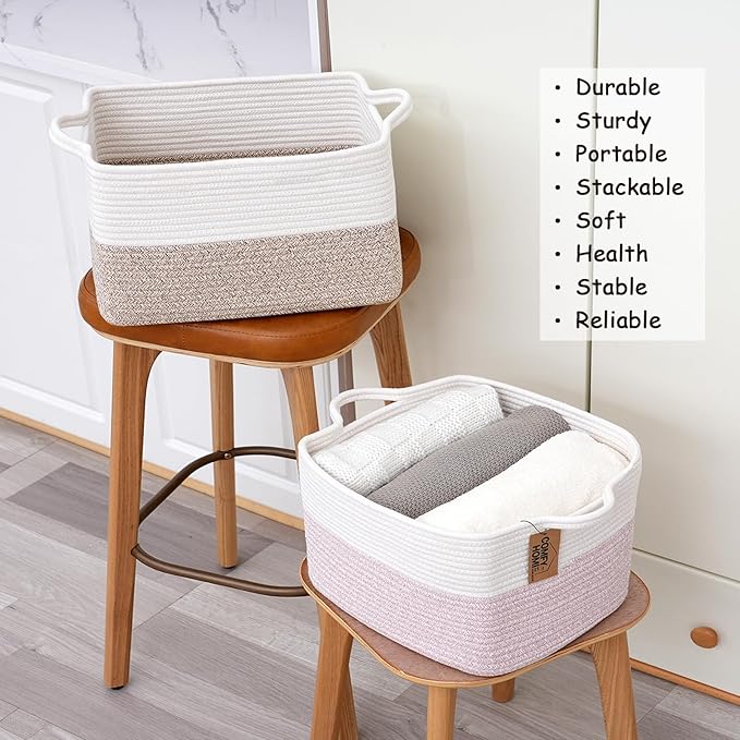 COMFY-HOMI 3-Pack Cotton Rope Woven Basket with Handles for Shelves, Books, Toys, Cloth Storage|Towel Storage|Nursery Baby Basket - 13.5" x 11" x 9.5" for Living Room (White/Brown)-CubbioJoy