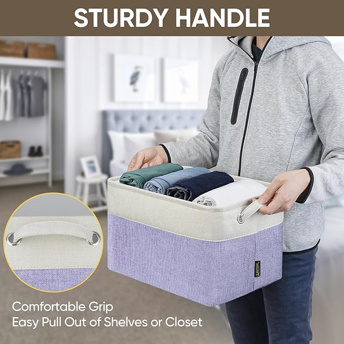 BALEINE 4 Pack Fabric Storage Bins for Shelves, Linen Storage Baskets for Organizing, Decorative Closet Bins for Clothes, Home (Lavender, 15''x11''x9.5'')-CubbioJoy