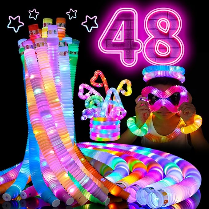 48 PCS Glow in The Dark Party Supplies, Light Up LED Pop Tubes, Glow Sticks Sensory Toys Birthday Party Favors for Kids, Light Up Toys Goodie Bag Stuffers Gifts Prize-CubbioJoy