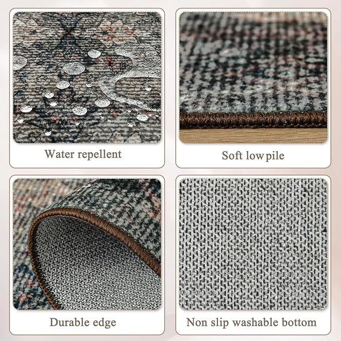 4x6 Area Rug for Bedroom Machine Washable, Non Slip Vintage Floral Kitchen Rugs for Dining Room, Rustic Indoor Floor Carpet for Kids Room, Playroom, Farmhouse(Dark Green/Brown/Multi)-CubbioJoy