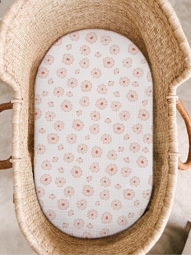 Bassinet Sheet for Baby Boy and Girl, Fitted Sheets for Rectangle, Oval, Hourglass Bassinet Mattress, Muslin Moses Basket Sheets with Neutral Style (Flower-A)-CubbioJoy
