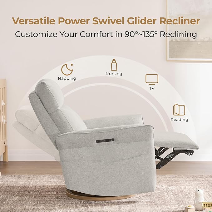 CHITA Power Recliner Chair, Electric Triple-Motor Swivel Glider Nursery Rocking Chair with Adjustable Power Headrest and Lumbar Support, GREENGARD Gold Certified, Solid Wood Base, Crockery Grey-CubbioJoy