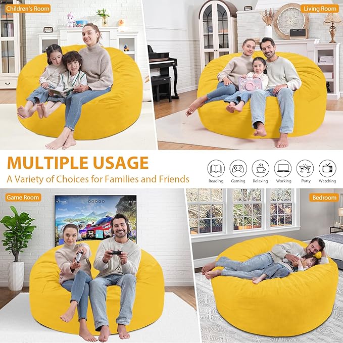 5FT Bean Bag Chair, Large Bean Bag Chairs with Memory Foam Filled, Fluffy Beanbag Sofa with Dutch Velvet Cover, Round BeanBag Chairs for Living Room, Playroom - Lemon-CubbioJoy
