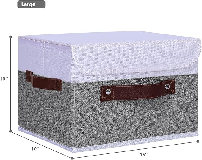 ANMINY 4PCS Storage Boxes with Lid Washable Decorative Storage Bins Basket with PU Leather Handle Foldable Linen Fabric Storage Cubes Containers for Home Closet Organizer - Gray White, Large Size-CubbioJoy