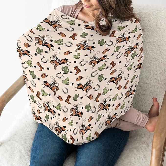 Country Western Car Seat Cover for Baby Cowboy Hat Boots Horse Cactus Stretchy 5-in-1 Covers Adjustable Car Canopy Breastfeeding Cover Wild West Desert Breathable Nursing Cover-Up-CubbioJoy