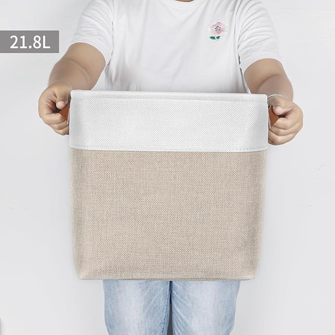 Collapsible Fabric Storage Cubes 11x11 Cube Storage Bins, 4 Pack Closet Baskets Box with Handles for Organizing, Shelf, Toys, Clothes, Home, Office, Nursery (Beige&White)-CubbioJoy