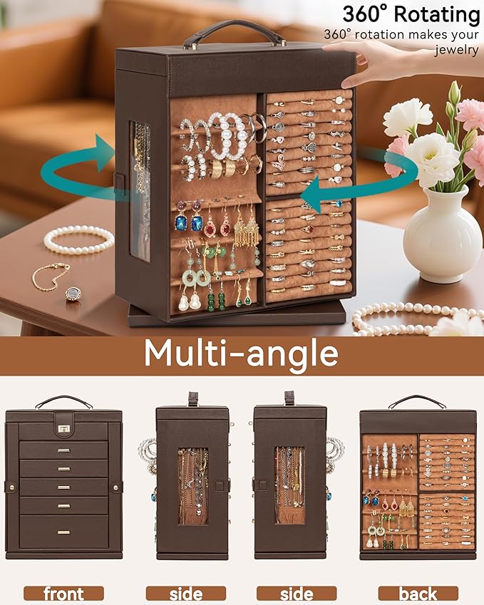 AKOZLIN 360° Rotating Jewelry Box 6-Tier Organizer Functional Jewelry Storage Case for Women Girls Ring Necklace Earring Bracelet Holder with Mirror Brown-CubbioJoy