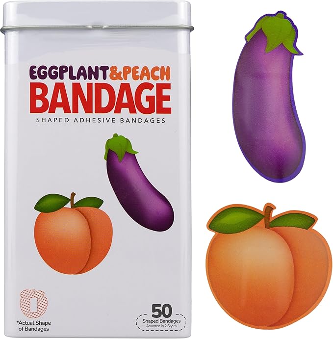 BioSwiss Bandages, Eggplant and Peach Shaped Adult Self Adhesive Bandage, Latex Free Sterile Wound Care, Funny First Aid Kit Supplies for Adults, 50 Count-CubbioJoy
