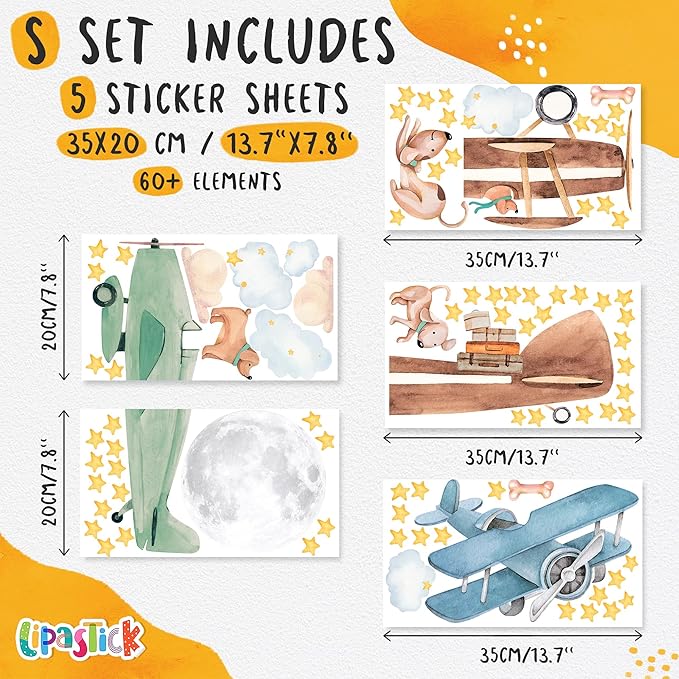 Airplane Wall Decals by Lipastick - Wall Stickers for Boys Room, Watercolor Vintage Plane Stickers for Kids, Baby Nursery, Toddler Bedroom Decor - Premium Vinyl Aircraft Art - S Size-CubbioJoy
