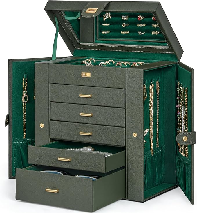 AKOZLIN Huge Jewelry Box Organizer Functional Large Leather Jewelry Storage Case for Women Girls Ring Necklace Earring Bracelet Holder Organizer with Mirror-CubbioJoy