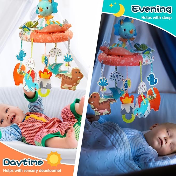 Jollybaby Nursery Baby Automatic Rotating Dinosaur Crib Mobile with Music Box & Arm, Montessori Sensory Musical Hanging Toy for Bassinet, Newborn Clip on Crib Mobile Soother Toy Gift, Polyester-CubbioJoy