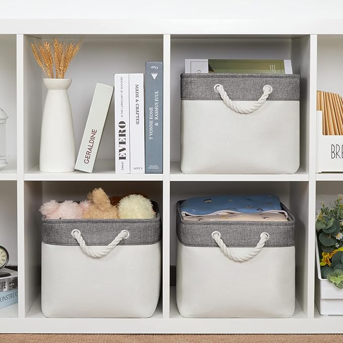 Bidtakay White Baskets with Cotton Rope Handles Decorative Storage Bins [3-pack] Fabric Bins for Organization Linen Closet Shelf Storage Baskets for Clothes Toys Towels 15 X 11 X 9.5 Inches-CubbioJoy