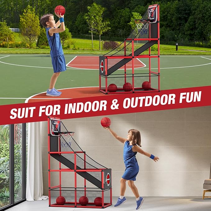 Basketball Arcade Game Indoor Outdoor, Kids Basketball Hoop with 4 Balls & Pump, Single Shot Basketball Game at Home, Carnival Games Sport Toys Gifts for Boys Girls Teens-CubbioJoy