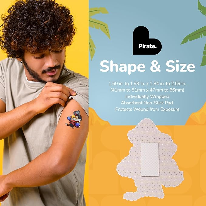 BioSwiss Bandages, Pirate Shaped Self Adhesive Bandage, Latex Free Sterile Wound Care, Fun First Aid Kit Supplies for Kids and Adults, 50 Count-CubbioJoy