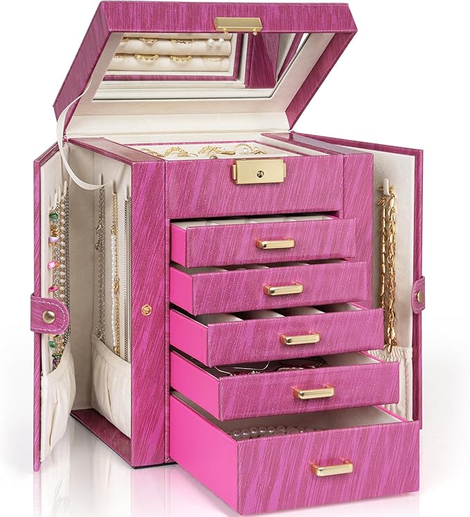 AKOZLIN 6-Tier Jewelry Box Lockable Leather Jewelry Storage Case with 5 Drawers for Women Girls Ring Necklace Earring Bracelet Holder Organizer with Mirror Rose-CubbioJoy