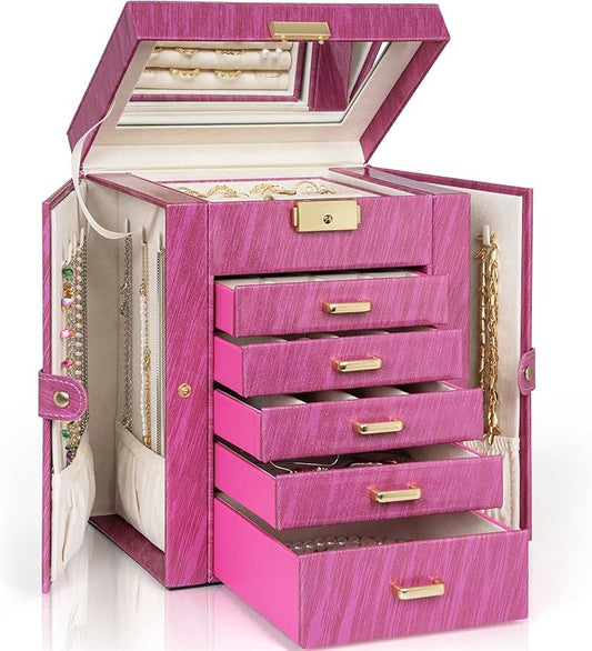 AKOZLIN 6-Tier Jewelry Box Lockable Leather Jewelry Storage Case with 5 Drawers for Women Girls Ring Necklace Earring Bracelet Holder Organizer with Mirror Rose-CubbioJoy