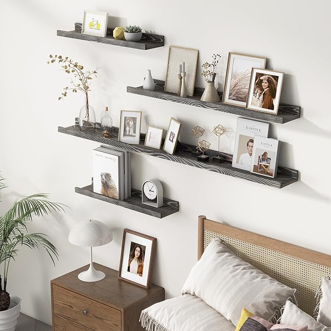 24 Inches Floating Shelves for Wall, Solid Pine Wood Picture Ledge Shelves, Wall Shelves with Lips, Nursery Book Shelves for Toys Storage Living Room Bedroom Photo Frames (2 Pcs, Grey)-CubbioJoy