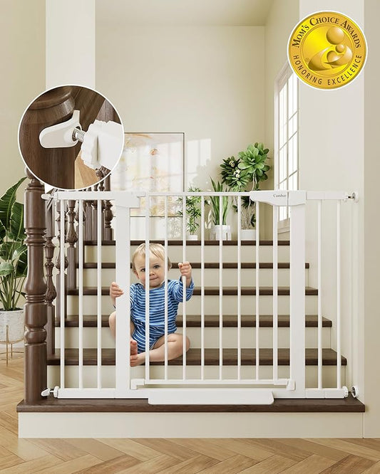 Cumbor 29.7-46" Baby Gate for Stairs, Toddler Safety Essentials for The House, Auto Close Dog Gate for Doorways, Mom's Choice Awards Winner-Easy Install Pressure Mounted Pet Gates for Dogs, White-CubbioJoy