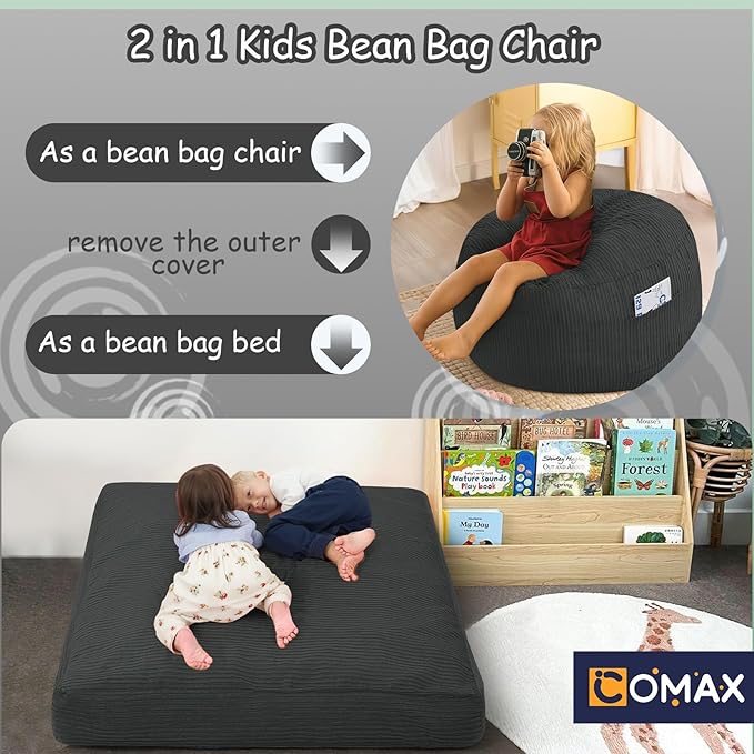 COMAX Bean Bag Chair for Kids 8-12, Toddler Beanbag Bed Corduroy, Convertible Child Bean Chair to Floor Mattress with Filler, Kid Reading Comfy Lounge Couch for Boys and Girls Bedroom, Dark Grey-CubbioJoy