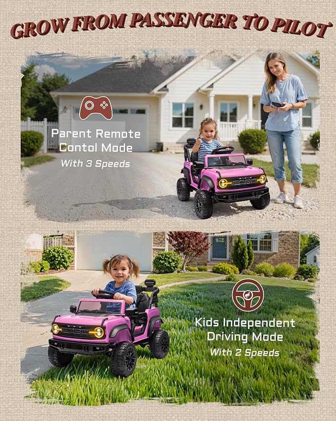 12V Electric Ride on Toys for Toddler, Ford Bronco Raptor Kids Ride on Car with Remote Control, 12 Volt Battery Powered Cars for Children with Smooth Start, Bluetooth (12V, Pink)-CubbioJoy