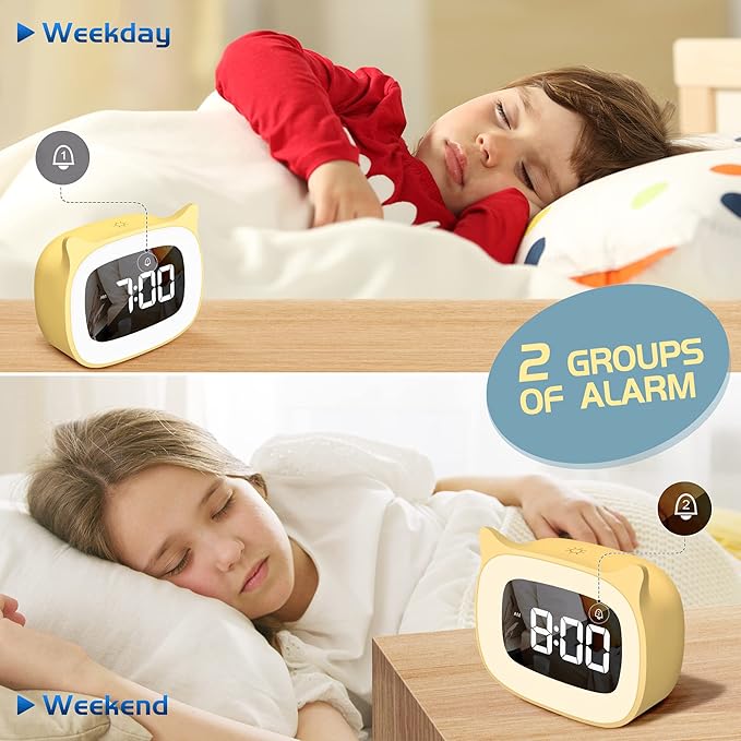 Kids Alarm Clock with Night Light & 18 Ringtones,Rechargeable,Cute Cat Ear Clock for Boys Girls Birthday Presents,Digital Clock for Children's Bedroom(Yellow)-CubbioJoy