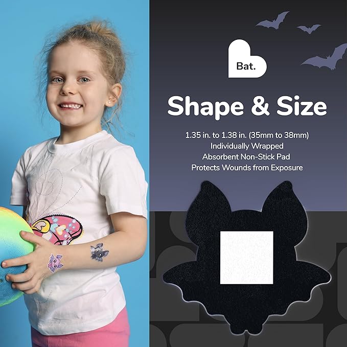 BioSwiss Bandages, Halloween Bat Shaped Self Adhesive Bandage, Latex Free Sterile Wound Care, Fun First Aid Kit Supplies for Kids, 24 Count-CubbioJoy