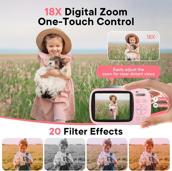 Digital Camera 4K 64MP - Vlogging Camera for Kids & Beginners | 18X Zoom Point and Shoot Camera Anti Shake, Compact with Flash, Gift for Boys Girls(Pink+Silver)-CubbioJoy