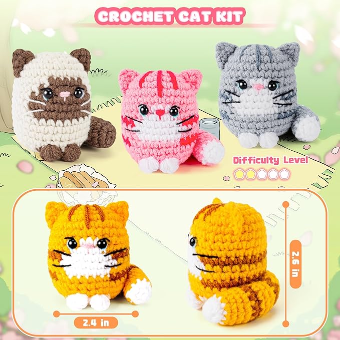 Crochet Kit for Beginners -4 PCS Cat Crochet Kit with Step-by-Step Video Tutorials, Learn to Crochet Kits for Adults and Kids, Beginner Crochet Kits for Adults, Animals Cat Crafts Knitting Kit-CubbioJoy