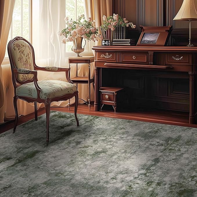jinchan Washable Area Rug 6x9 for Living Room - Soft Faux Wool Ultra-Thin Stain Resistant Non-Slip Distressed Vintage Floral Rug Large Carpet for Bedroom,Dining Room,Home Office,Nursery(Green, 6'x9')-CubbioJoy