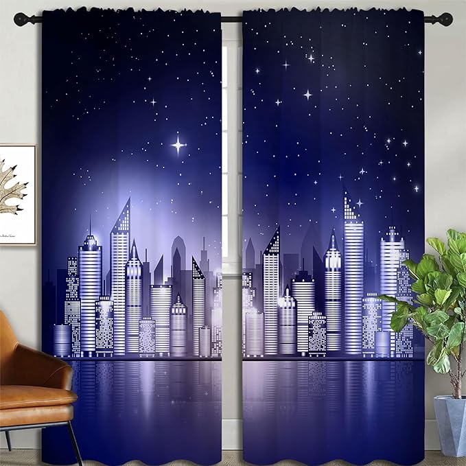 City Rod Pocket Blackout Curtains for Boy Girl Bedroom, New York Skyline Modern City Starry Sky Night View Home Energy Efficient Light Filtering Window Curtain for Living Room, 84x63 inch-CubbioJoy