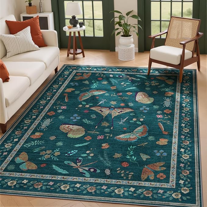 5x7 Washable Area Rug with Insect Print - Bug Rug Non-Shedding Stain Resistant Soft Carpet for Bedroom, Low Pile Ultra-Thin Machine Washable Carpet for Dining Room, Kids Nursery, Office (5'x7' Teal)-CubbioJoy