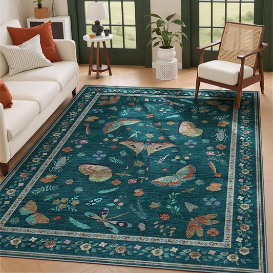 5x7 Washable Area Rug with Insect Print - Bug Rug Non-Shedding Stain Resistant Soft Carpet for Bedroom, Low Pile Ultra-Thin Machine Washable Carpet for Dining Room, Kids Nursery, Office (5'x7' Teal)-CubbioJoy