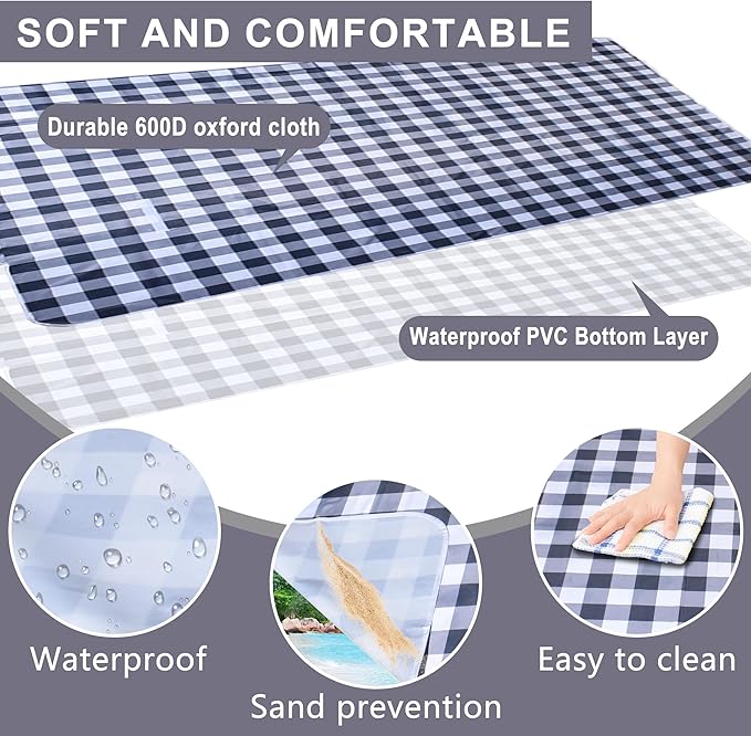 80"x60" Waterproof Sandproof Picnic Mat - Portable Foldable Outdoor Blanket for Beach, Park, Travel & Indoor Use - Lightweight Compact Design, Easy-Carry (Gray&White)-CubbioJoy