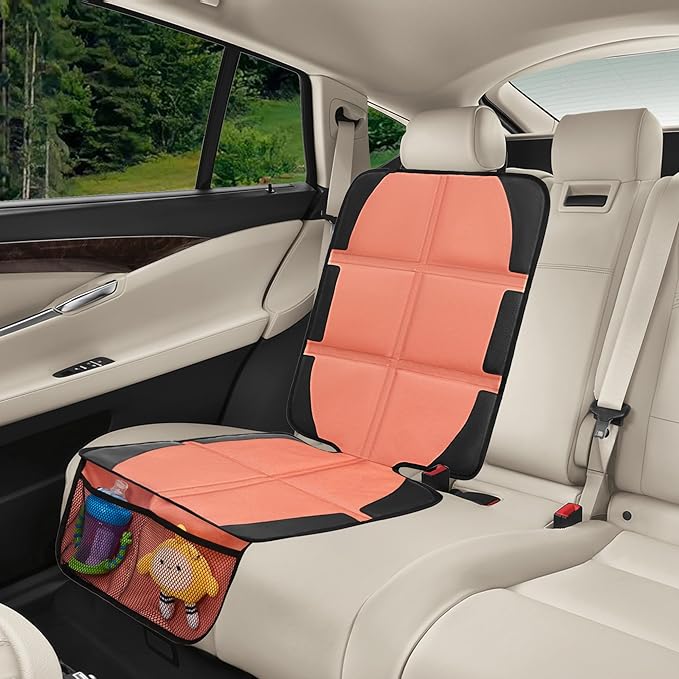 Car Seat Protector for Child, 2 Pack Covers with Mesh Pockets & Non-Slip Backing, 600D Durable Under Seat for Back (Orange, Large)-CubbioJoy