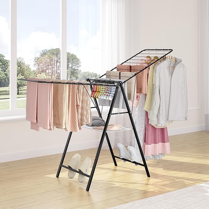 APEXCHASER Clothes Drying Rack Foldable, Metal Laundry Drying Rack with Height Adjustable Rails, Ultra Thin Drying Rack Clothing Towel Sweater Shoe for Indoor Outdoor, Gullwing Clothes Airer, Black-CubbioJoy