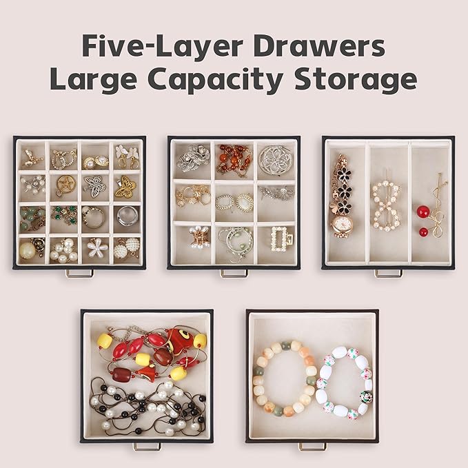 Kendal Jewelry Box, 6-Layer Jewelry Storage Organizer for Necklace Bracelet Rings Watch, 10.2"x8.2"x6" Classic Black PU Leather 5 Drawers Large Storage Capacity with Mirror-CubbioJoy