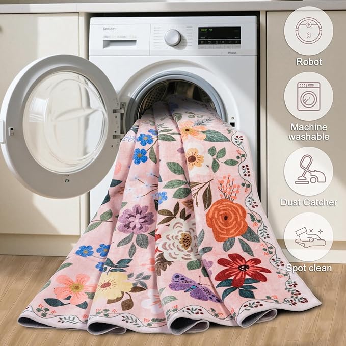 Area Rugs 9x12 Living Room: Floral Washable Rug Vintage Large Soft Boho Non-Slip Carpet Indoor Floor Stain Resistant Low Pile Carpets for Bedroom Dining Room Farmhouse Nursery Home Office Dark Beige-CubbioJoy