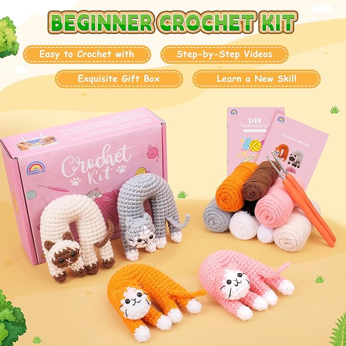 Crochet Kit for Beginners, 4 Pack Funny Cat Crochet Kits, Animal Starter Crochet Kit with Step-by-Step Video Tutorials, Easy DIY Cat Craft for Adults & Kids, Novelty Gift for Crochet Lovers-CubbioJoy