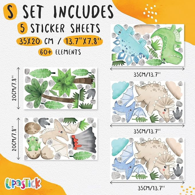 Dinosaur Wall Decals by Lipastick - Peel and Stick Palm Tree Dino Jurassic-Themed Stickers for Baby Nursery, Kids Room, Toddler Bedroom, Playroom, Daycare, Classroom Decor -S Size-CubbioJoy