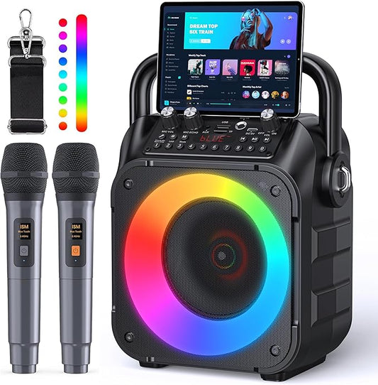 Karaoke Machine, Portable Bluetooth Speaker with 2 Wireless Microphones for Adults & Kids with Lights, Karaoke Microphone with PA System Supports USB/TF/REC/FM/AUX for Home Party Home System Packages-CubbioJoy