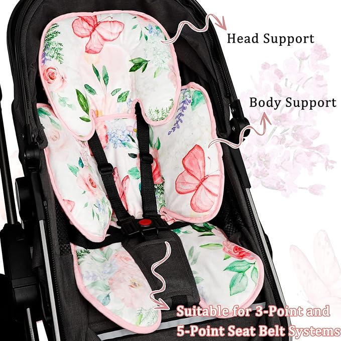 2 in 1 Infant Car Seat Insert, Adjustable Car Seat Head Support Baby Girls Boys, Soft Newborn Carseat Insert Cushion, Perfect for Carseats, Strollers, Swings (Pink Flower)-CubbioJoy