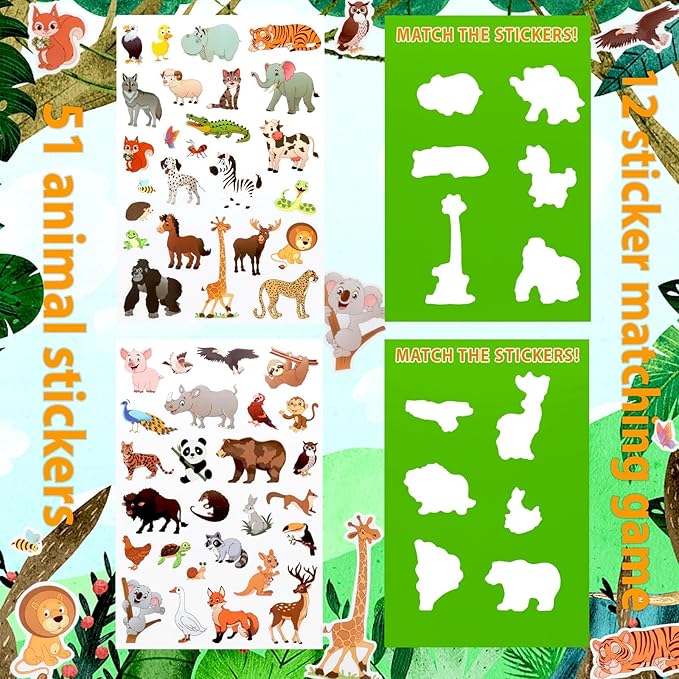 Jelly Sticker Book for Kids 2-4 Travel Essentials, Reusable Sticker Book + 8 Scenes + 2 Matching Games + 51 Large Animal Stickers for 1-3 Toddler Activities (Animals)-CubbioJoy