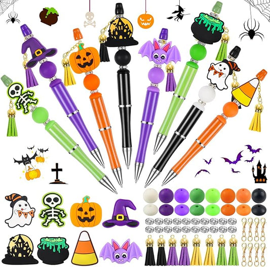CZWZ Halloween Beadable Pens, Plastic Beadable Pens with 8 Pcs Multicolor Silicone Beads, Halloween Pumpkin Bat Skull Ghost Witch Hat Pens for Halloween Gifts Office Supplies-CubbioJoy