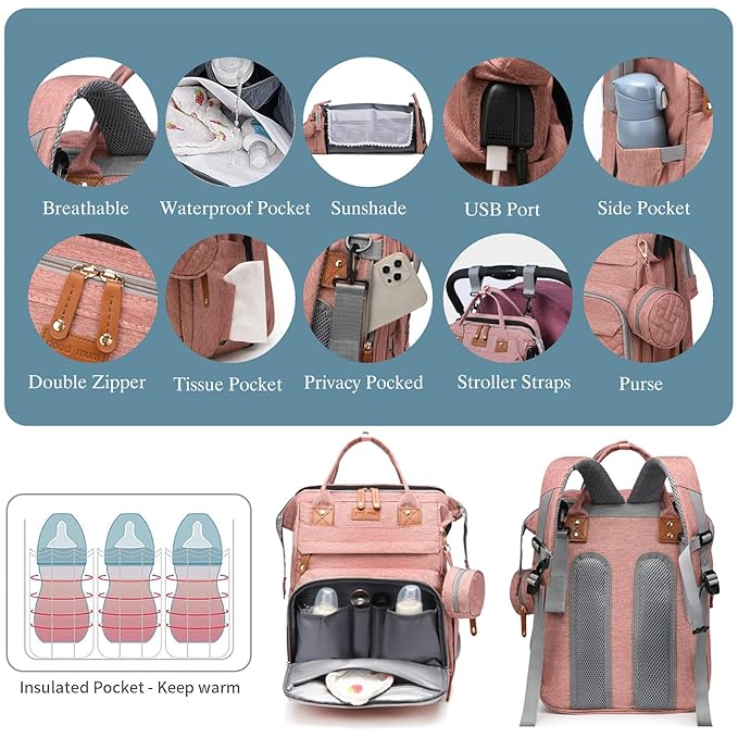 Jeryswet Baby Diaper Bags with Changing Station, Waterproof Large Capacity Diaper Bag Backpack for Moms Dads with USB Charging Port and Stroller Straps, Baby Shower Gifts, Pink-CubbioJoy