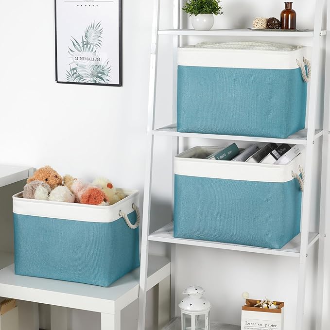 Bidtakay Large Storage Baskets for Shelves 3 Pack 16x11.8x11.8 Inch Storage Bins for Organizing Fabric Storage Cubes for Closet Clothes Basket Laundry-White&Teal-CubbioJoy