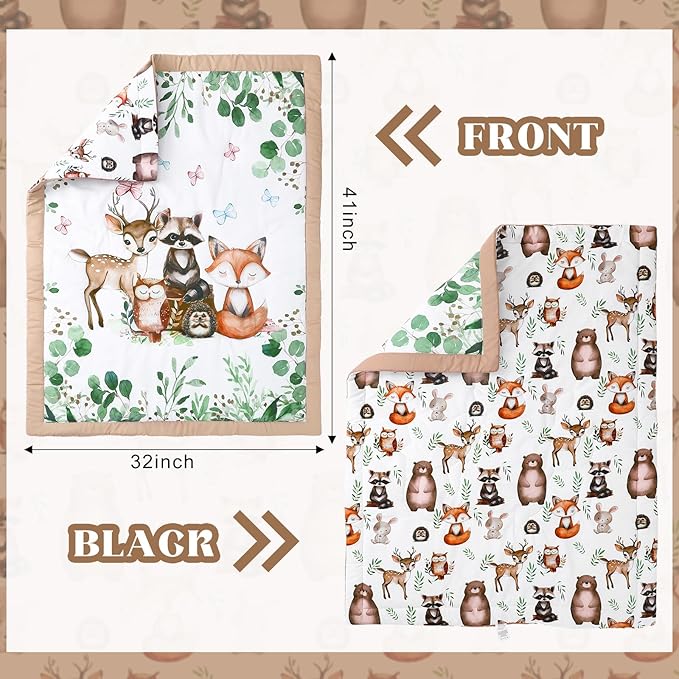 3 Pcs Baby Crib Bedding Set Safari Animals Dinosaurs Bear Woodland Animals Jungle Crib Set Includes Quilt, Fitted Sheet, Skirt for Baby Boy Girl(Green,Woodland Raccoons Deer Etc.)-CubbioJoy