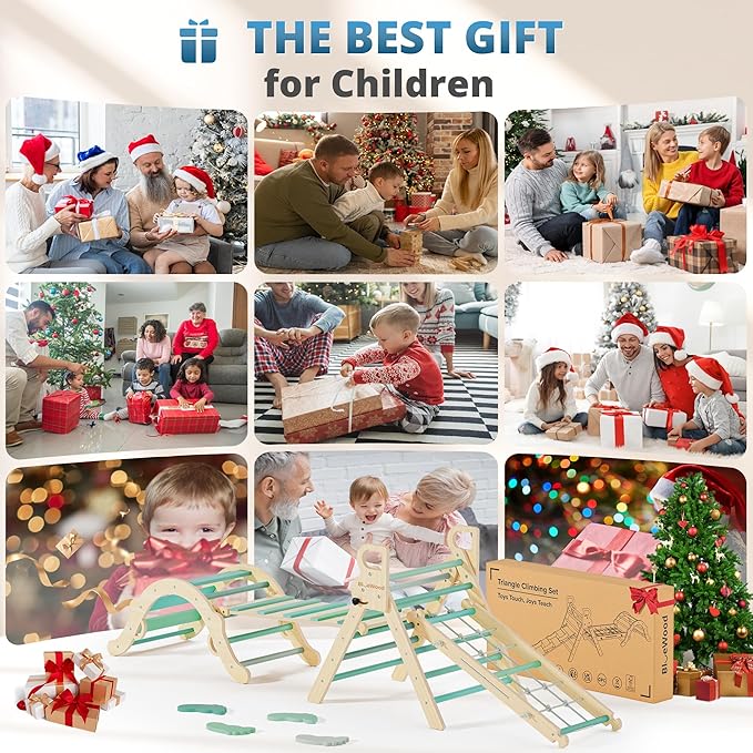 BlueWood 10-in-1 Pikler Triangle Set, Toddler Climbing Toys Indoor, Montessori Climber, Baby Jungle Gyms with Arch, Extra Rope Ladder & Footprint Balance Beam - Emerald Forest-CubbioJoy